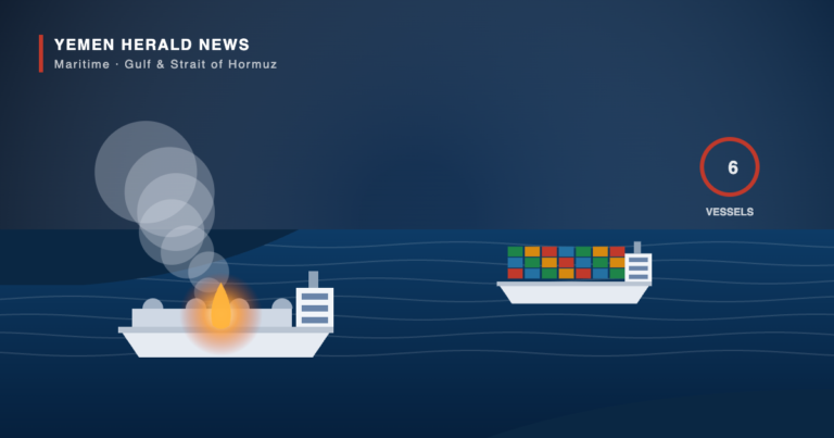 Illustration of a burning oil tanker and a container ship at sea, marking attacks on vessels in the Gulf and Strait of Hormuz