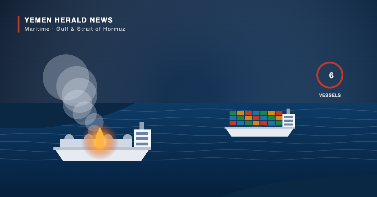 Illustration of a burning oil tanker and a container ship at sea, marking attacks on vessels in the Gulf and Strait of Hormuz