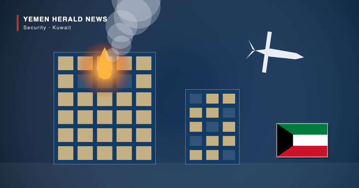 Illustration of a residential apartment block in Kuwait with fire and smoke on an upper floor and a drone flying overhead