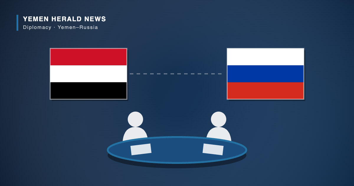 Illustration of Yemeni and Russian flags either side of a meeting table with two seated diplomats
