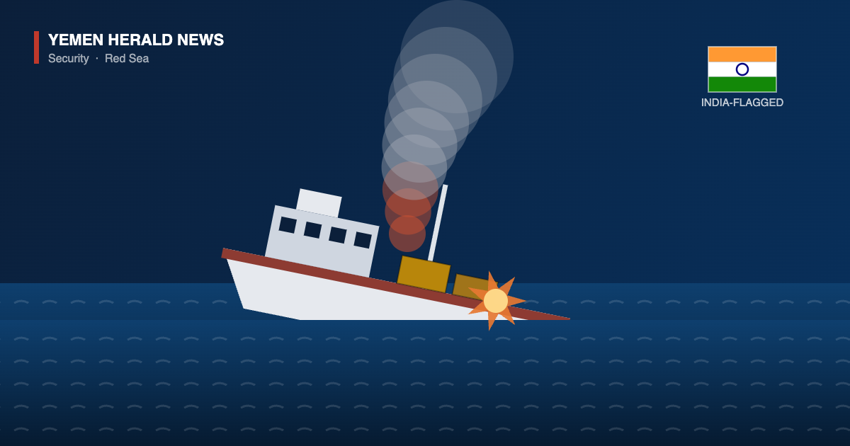 Illustration of a listing India-flagged cargo dhow sinking in the Red Sea with smoke rising after an explosion at the waterline