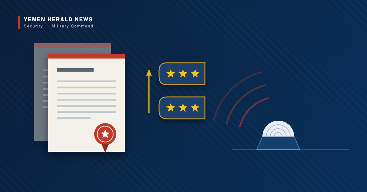Illustration of two presidential decrees bearing red seals beside two three-star general epaulettes and a radar dome emitting signal arcs, representing Yemen military advisory appointments and air defence