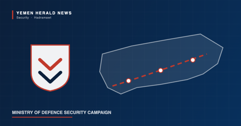 Illustration of a security shield beside an outline of Yemen with a highway route marked by checkpoints across Hadramawt