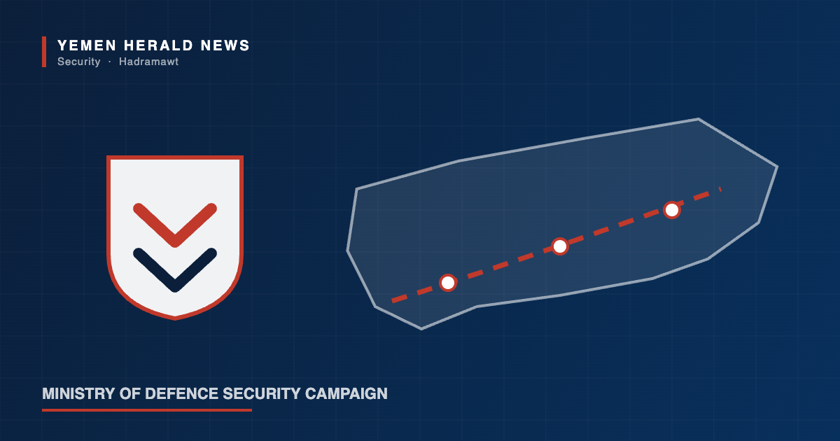 Illustration of a security shield beside an outline of Yemen with a highway route marked by checkpoints across Hadramawt