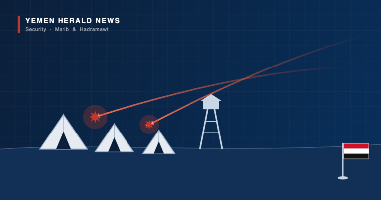 Illustration of a Yemeni army camp of tents and a watchtower under incoming missile fire, with a Yemeni flag in the foreground
