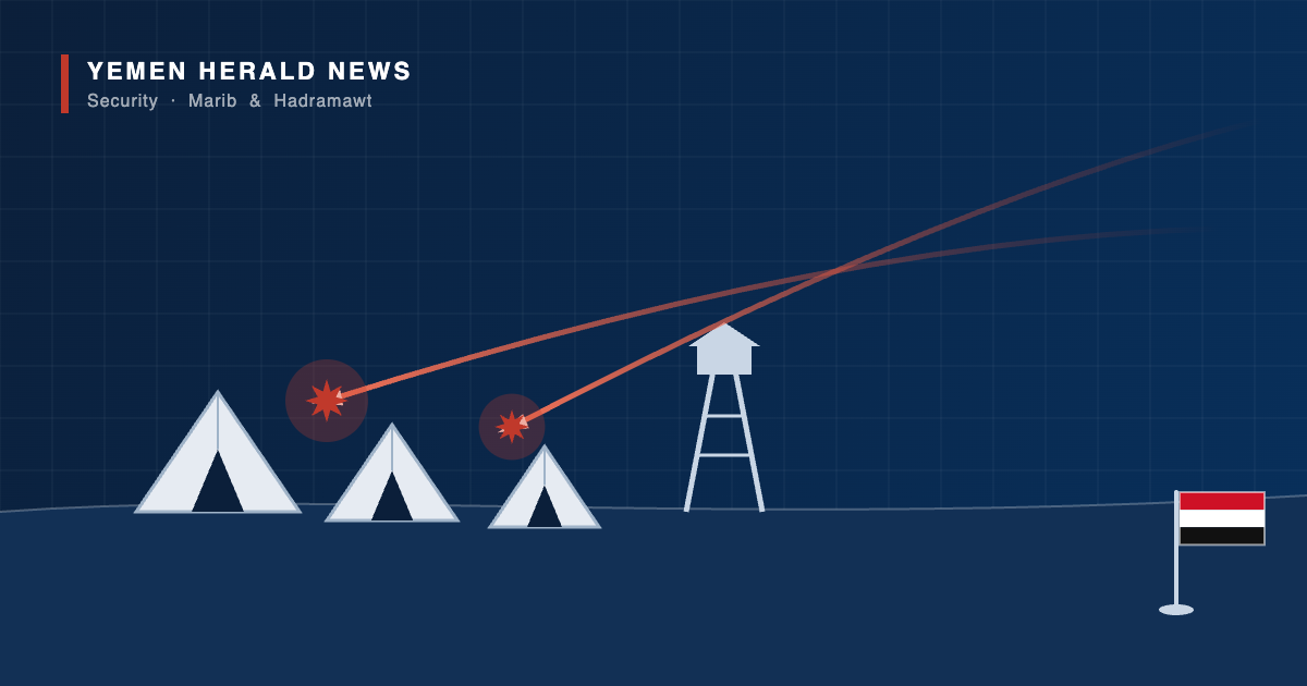 Illustration of a Yemeni army camp of tents and a watchtower under incoming missile fire, with a Yemeni flag in the foreground