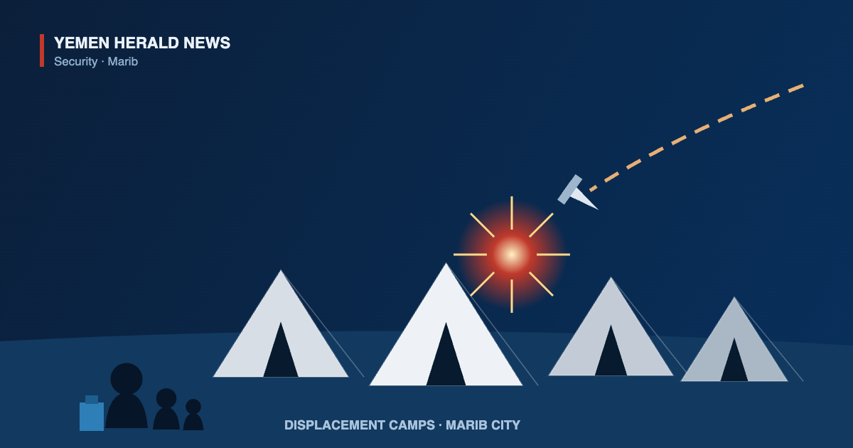 Illustration of displacement camp tents and a family with a water container in Marib as an incoming munition trail ends in an explosion above the shelters