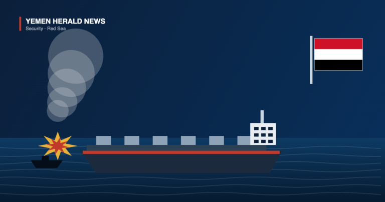 Illustration of an oil tanker at a Red Sea berth with an explosion on a small boat approaching it and the Yemeni flag