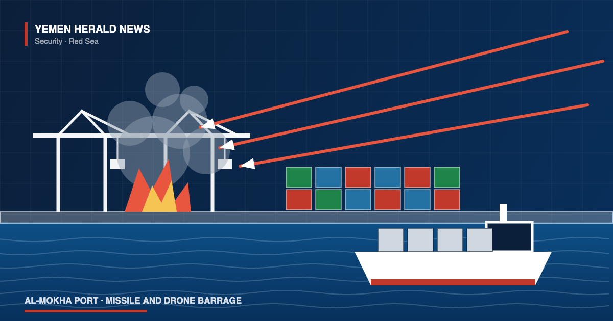 Illustration of gantry cranes and containers at al-Mokha port burning as missile trails come in from the sea