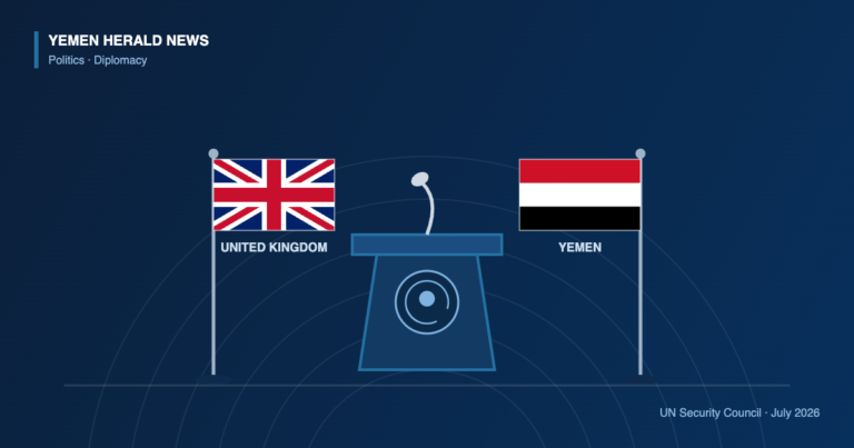 Illustration of British and Yemeni flags beside a UN Security Council lectern, marking UK statements of support for Yemen in July 2026