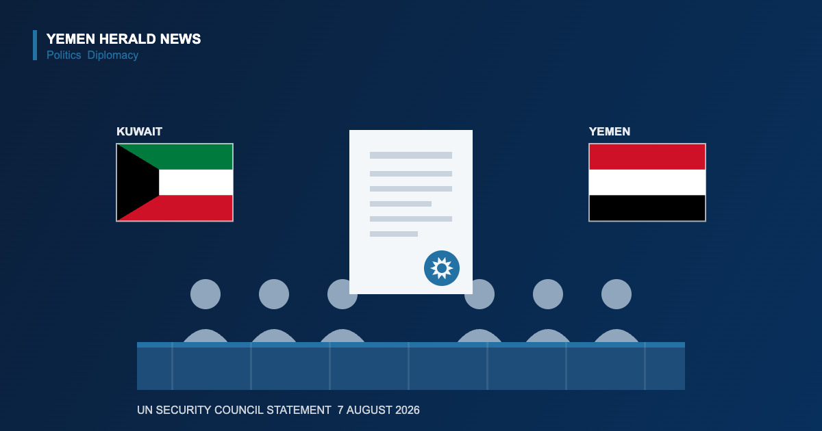Editorial illustration of a UN Security Council dais with delegates, a sealed statement document, and the flags of Kuwait and Yemen