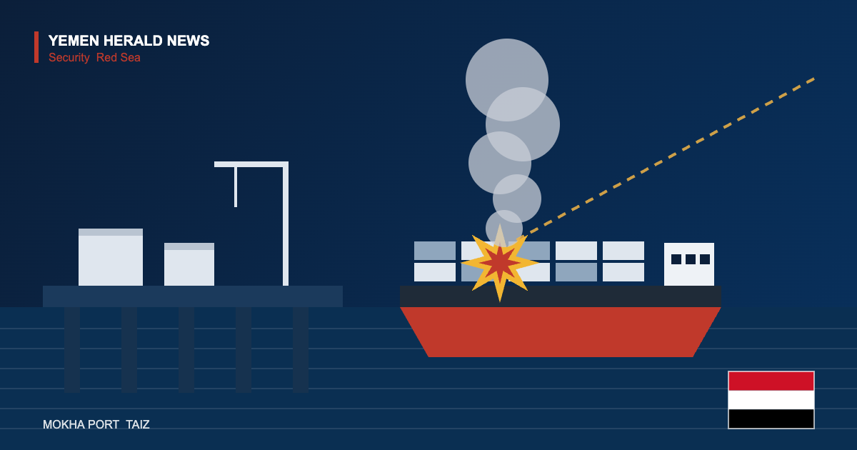 Editorial illustration of a cargo ship and quay at Yemen’s Mokha port struck by a missile, with smoke rising and the Yemeni flag