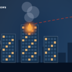 Illustration of three lit apartment towers in Manama with fire and smoke on the middle building, an incoming drone track, an air-raid siren on a pole, and the flag of Bahrain