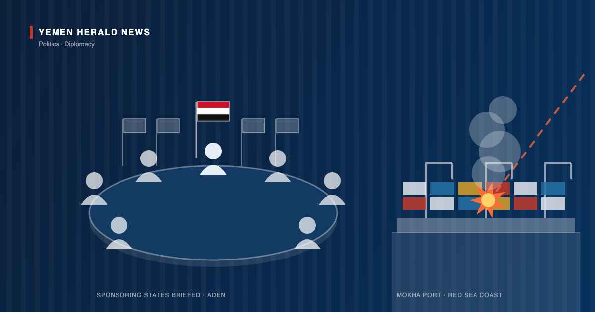 Illustration of a diplomatic meeting table with the Yemeni flag beside a damaged Red Sea port with containers, smoke and an incoming missile trail