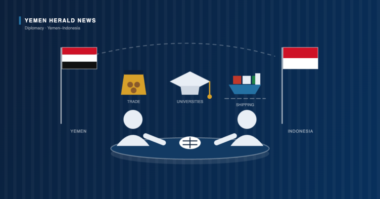 Illustration of Yemeni and Indonesian delegates meeting across a table beneath icons for trade, university education and shipping, with both national flags