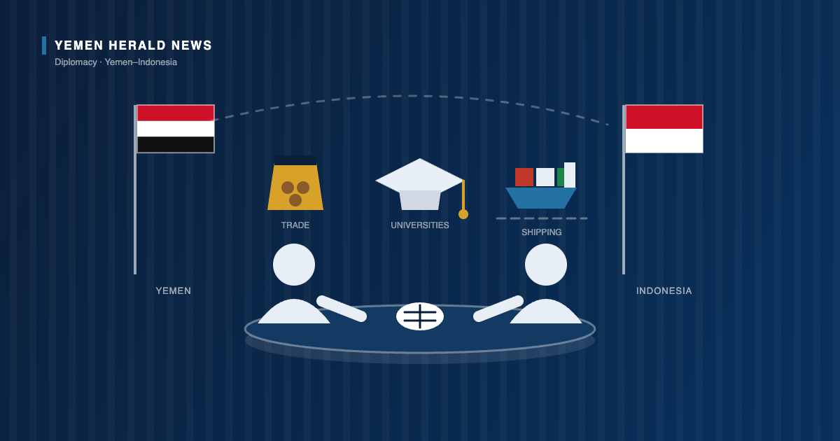 Illustration of Yemeni and Indonesian delegates meeting across a table beneath icons for trade, university education and shipping, with both national flags