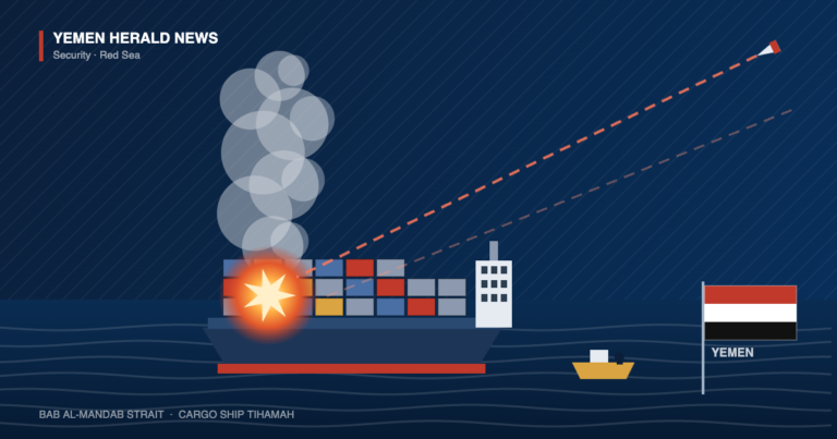 Illustration of a cargo ship burning in the Bab al-Mandab Strait after a missile strike, with a second missile trail incoming and a small rescue boat nearby