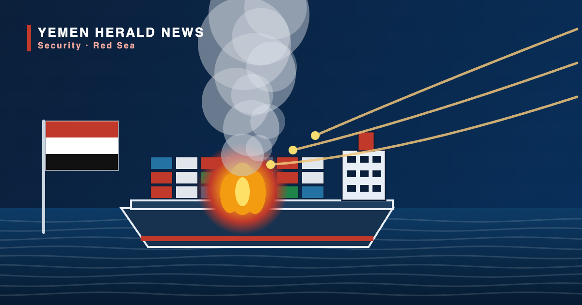 Editorial illustration of a burning container ship in the Bab al-Mandeb Strait, smoke rising from the deck and missile trails arriving from the right, with a Yemeni flag on a pole at left