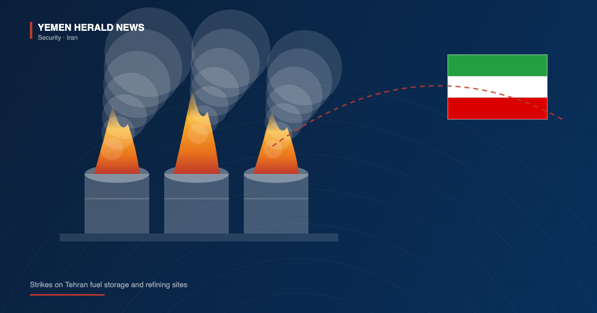 Editorial illustration of burning oil storage tanks with smoke plumes beside the flag of Iran