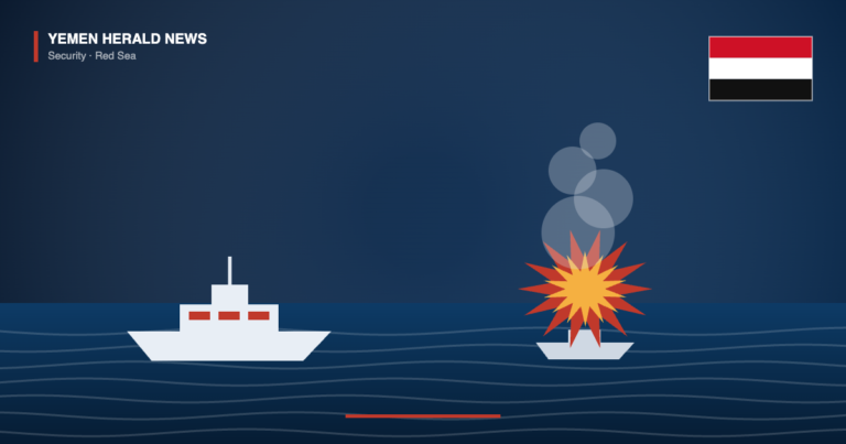 Illustration of a Yemeni patrol vessel on the Red Sea beside a small explosive-laden boat destroyed in a burst of fire and smoke, with the Yemeni flag above