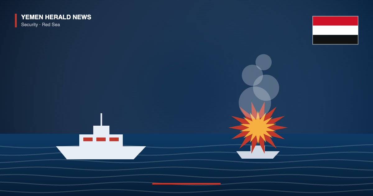 Illustration of a Yemeni patrol vessel on the Red Sea beside a small explosive-laden boat destroyed in a burst of fire and smoke, with the Yemeni flag above