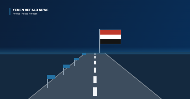 Illustration of a road with milestone markers leading towards the flag of Yemen, representing the UN peace roadmap