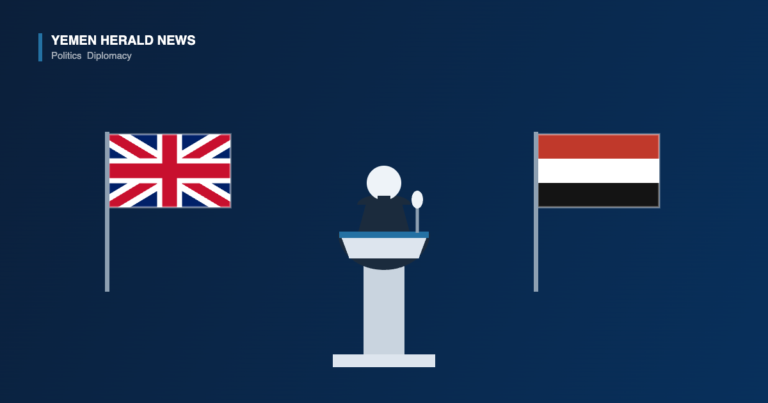 Illustration of a diplomat speaking at a lectern with a microphone, flanked by the flags of the United Kingdom and Yemen