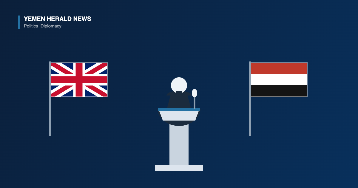 Illustration of a diplomat speaking at a lectern with a microphone, flanked by the flags of the United Kingdom and Yemen