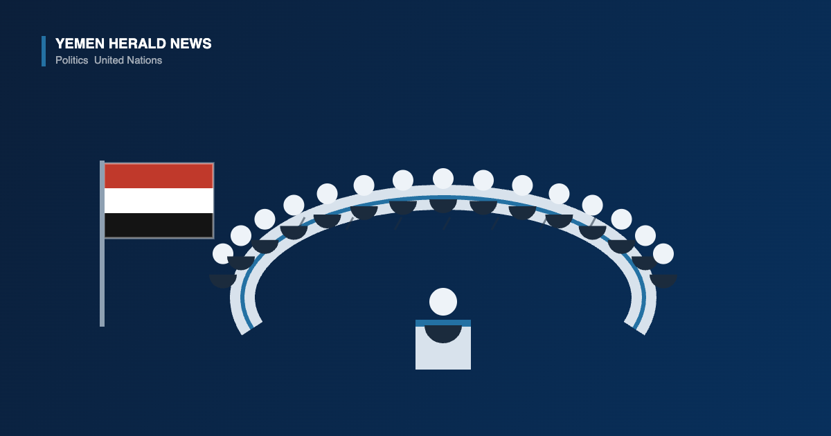 Illustration of a horseshoe Security Council table with seated delegates and a speaker, beside the flag of Yemen