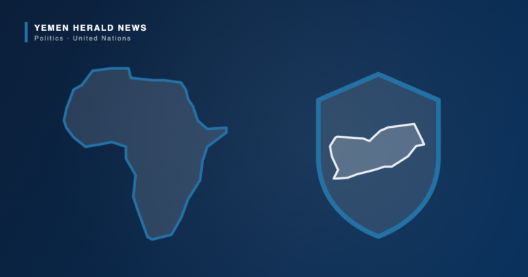 Editorial illustration showing an outline map of Africa beside a shield containing an outline map of Yemen, representing African Security Council members backing Yemeni sovereignty.