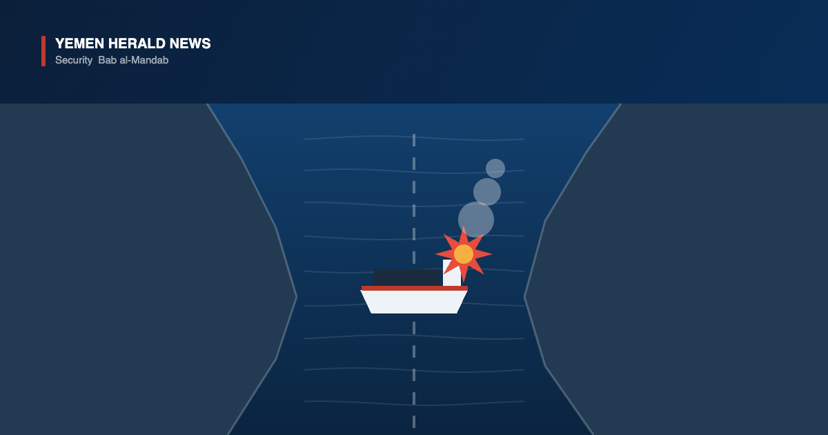 Illustration of the narrow Bab al-Mandab Strait with a cargo ship in the shipping lane struck by an explosion