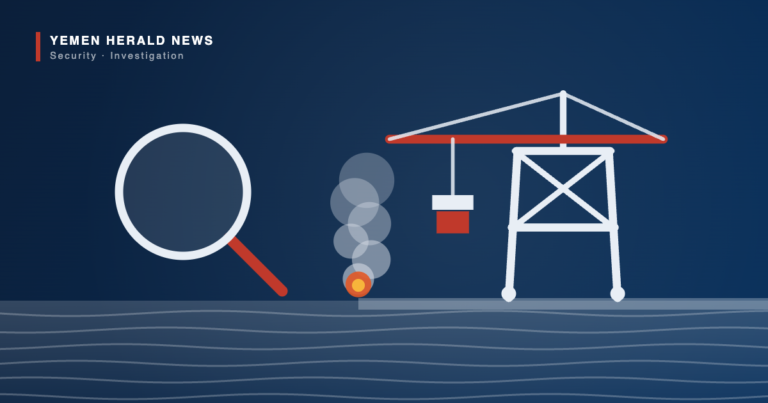 Editorial illustration of a magnifying glass beside a damaged port container crane on a quay with smoke rising, representing an investigation into missile attacks on Mokha port in Yemen.