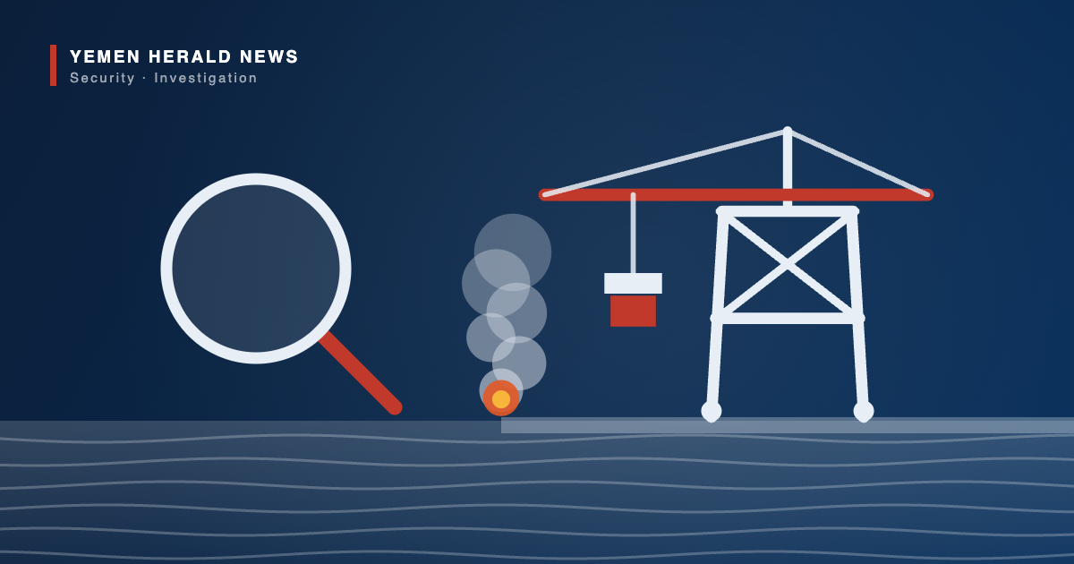 Editorial illustration of a magnifying glass beside a damaged port container crane on a quay with smoke rising, representing an investigation into missile attacks on Mokha port in Yemen.
