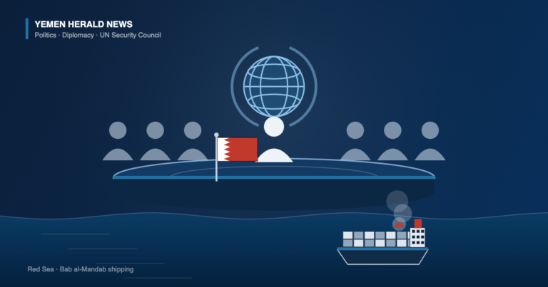 Illustration of a UN Security Council table with delegates, a Bahraini desk flag and a burning cargo ship on the Red Sea