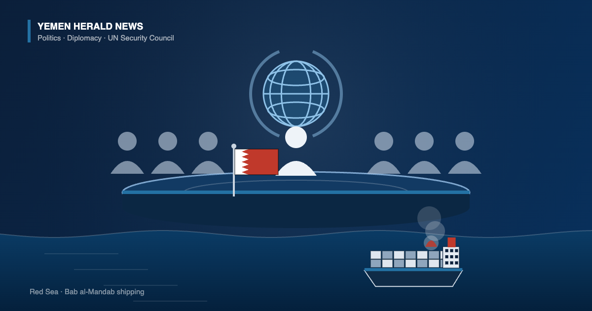Illustration of a UN Security Council table with delegates, a Bahraini desk flag and a burning cargo ship on the Red Sea