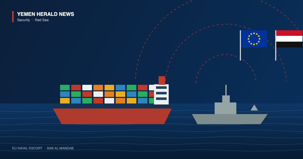 Editorial illustration of a container ship escorted by a grey warship in the Red Sea, with European Union and Yemeni flags and radar arcs overhead