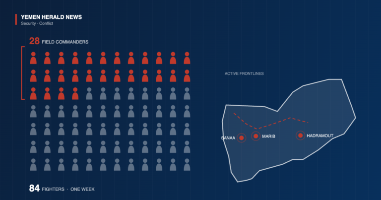 Chart of 84 figure silhouettes with 28 highlighted in red representing Houthi field commanders killed, beside an outline map of Yemen marking Sanaa, Marib and Hadramout on the active frontlines.