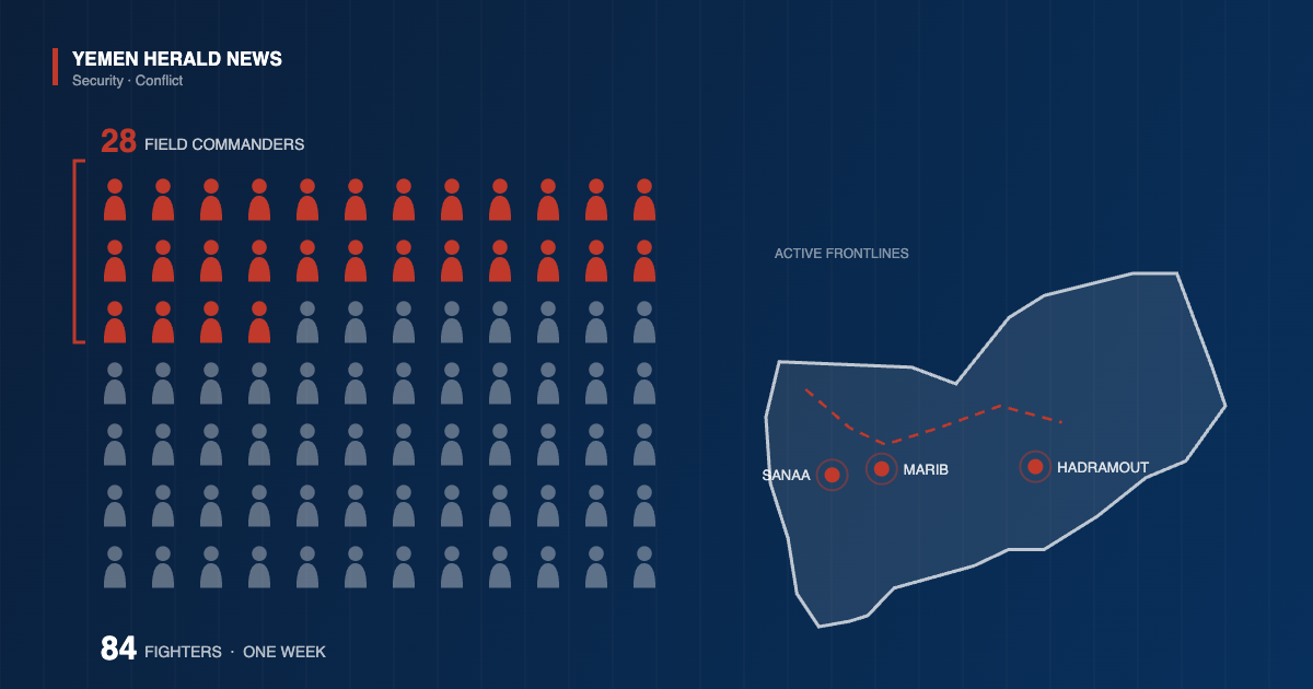 Chart of 84 figure silhouettes with 28 highlighted in red representing Houthi field commanders killed, beside an outline map of Yemen marking Sanaa, Marib and Hadramout on the active frontlines.