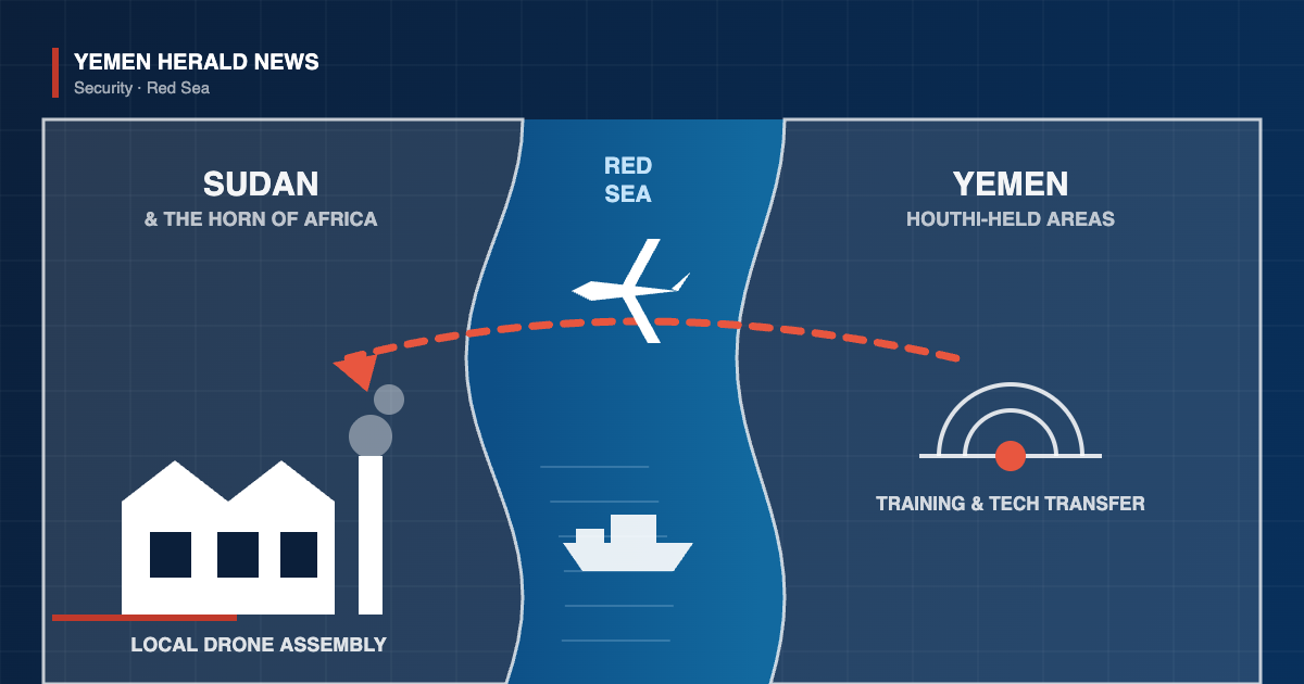 Diagram showing drone expertise moving west across the Red Sea from Yemen to Sudan and the Horn of Africa