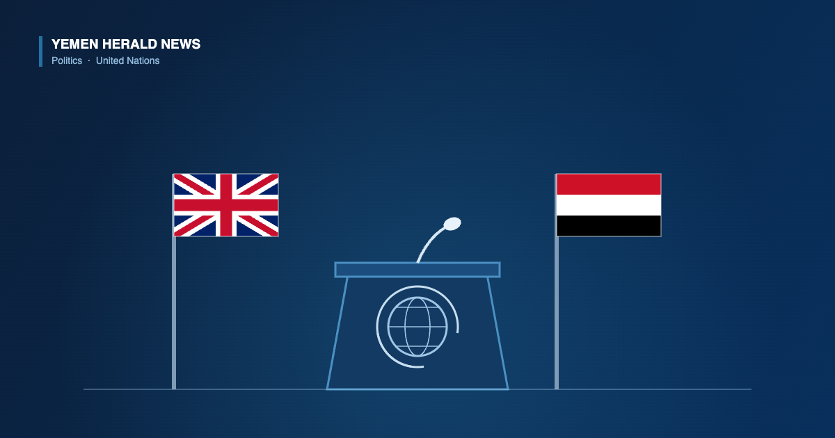 Illustration of a United Nations speaking rostrum with a globe emblem, flanked by the flags of the United Kingdom and Yemen