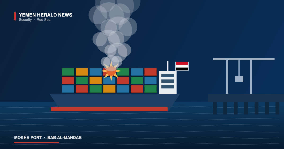Illustration of a cargo ship struck by a missile beside a port quay and gantry crane on the Red Sea, with a Yemeni flag