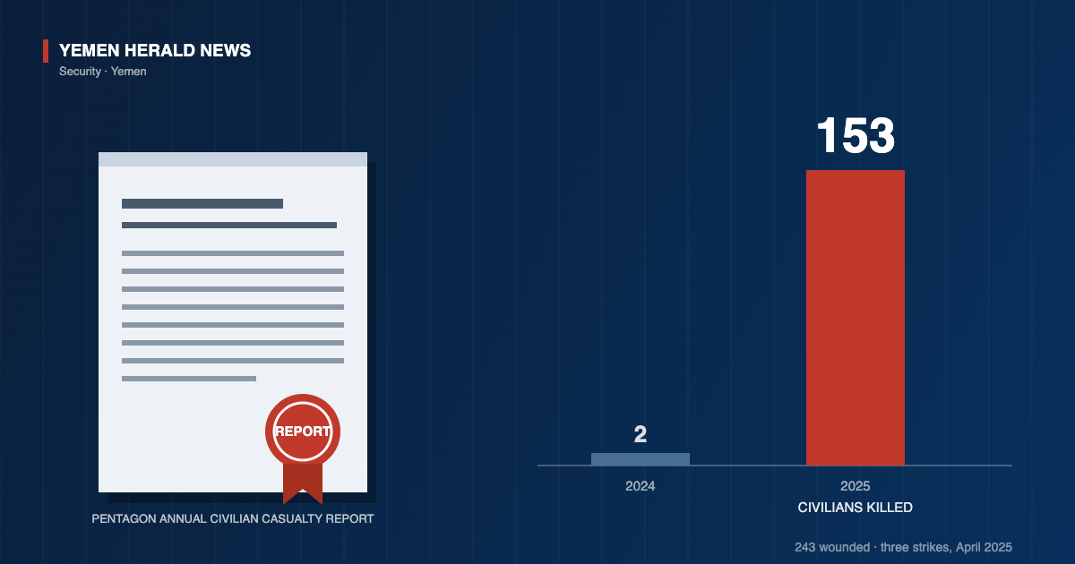 Editorial chart contrasting two civilian deaths recorded by the Pentagon in 2024 with 153 in Yemen in 2025, beside a sealed report document