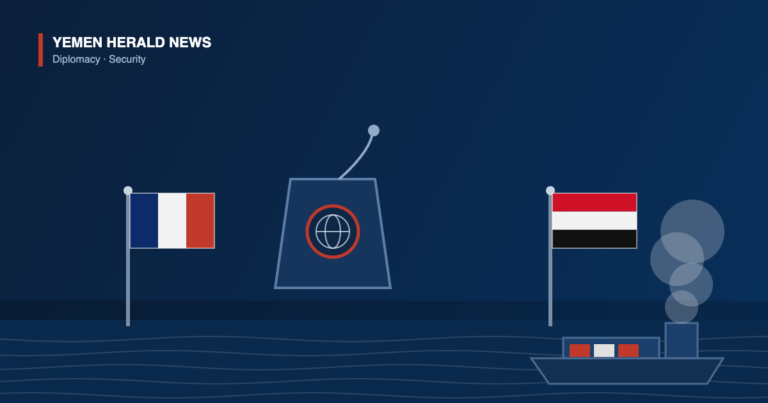 Illustration of the French and Yemeni flags beside a UN Security Council rostrum, with a damaged cargo ship on the Red Sea