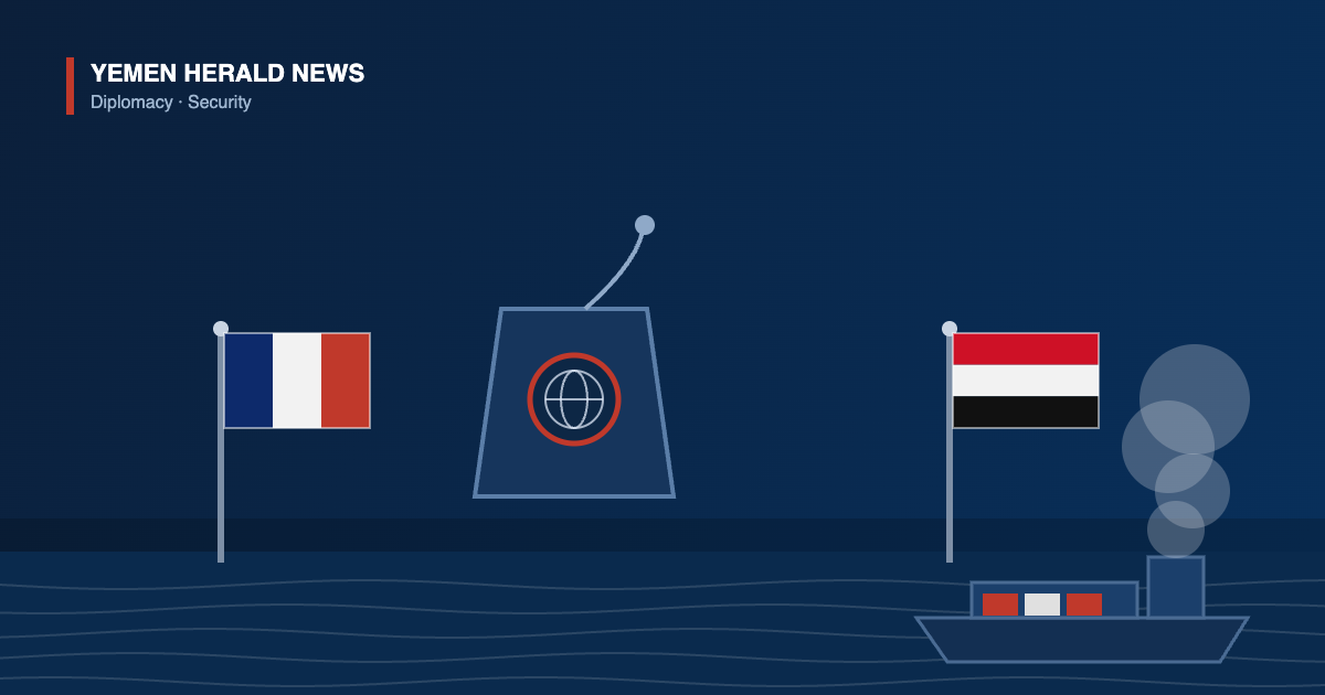 Illustration of the French and Yemeni flags beside a UN Security Council rostrum, with a damaged cargo ship on the Red Sea
