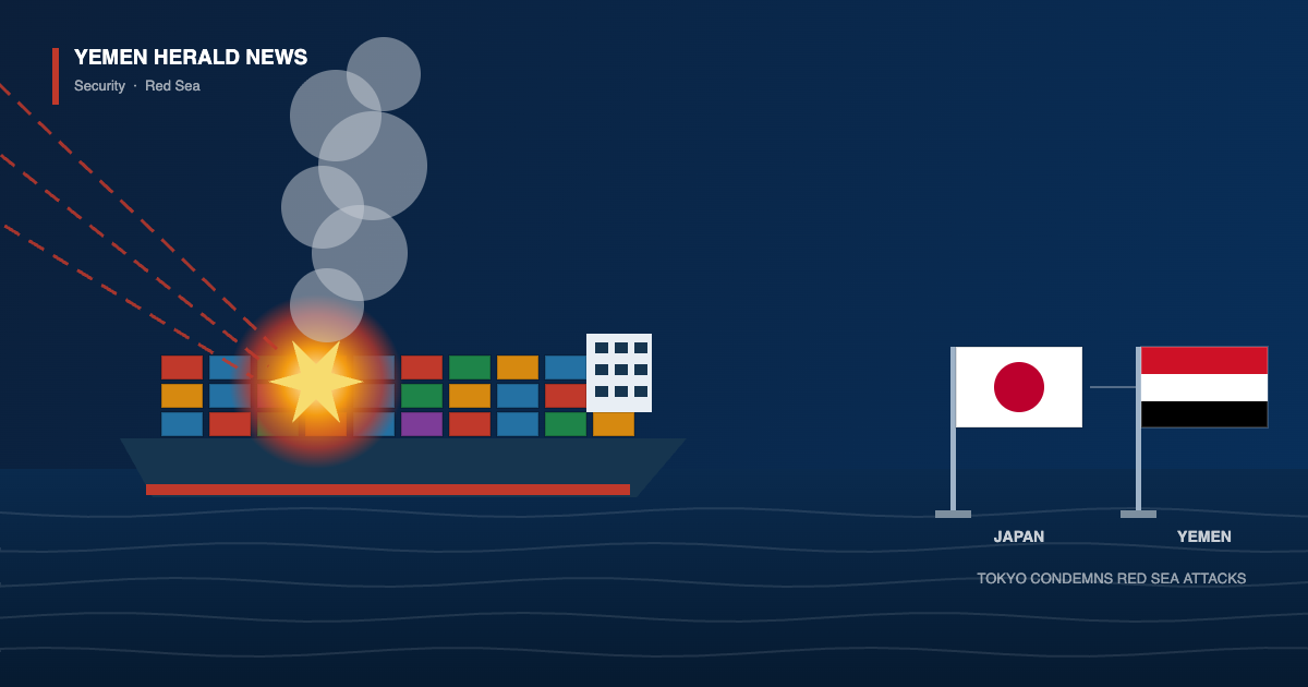 Editorial illustration of a container ship struck by missiles in the Red Sea, with the flags of Japan and Yemen alongside