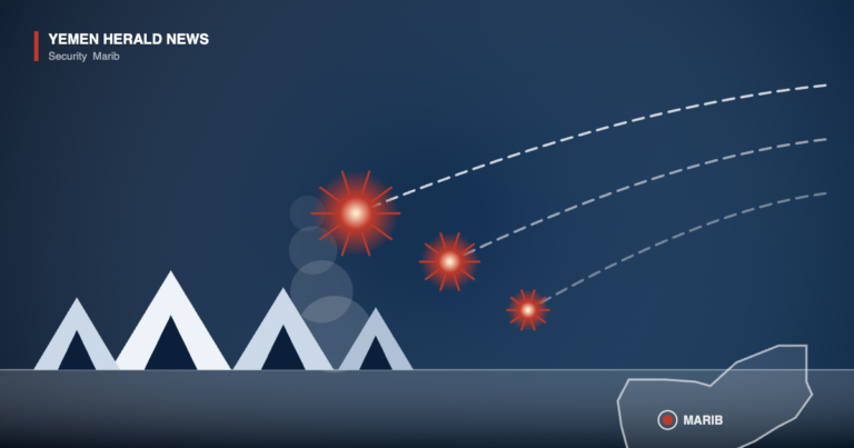 Illustration of tents at a displaced persons camp near Marib with missile trails and impact bursts, and an outline map of Yemen marking Marib