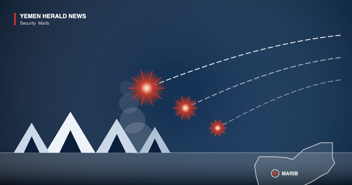 Illustration of tents at a displaced persons camp near Marib with missile trails and impact bursts, and an outline map of Yemen marking Marib