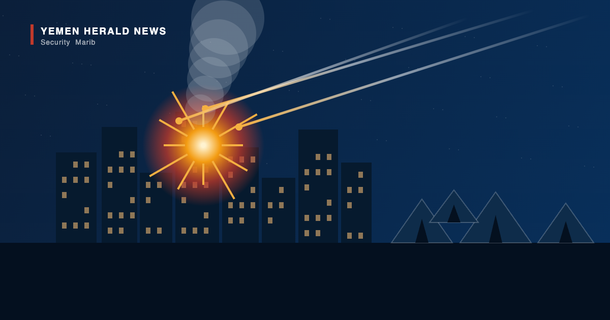 Illustration of missile trails striking a night-time city skyline beside displacement camp tents in Marib, Yemen