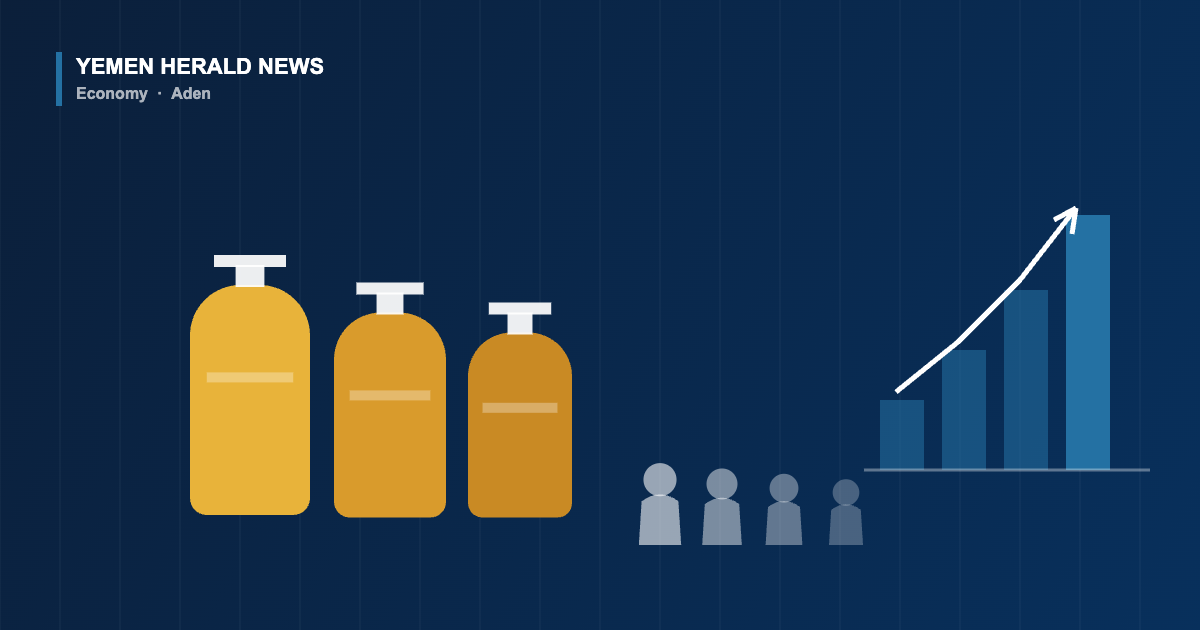 Illustration of household gas cylinders beside a queue of people and a rising price chart, representing the cooking gas and fuel shortage in Aden, Yemen