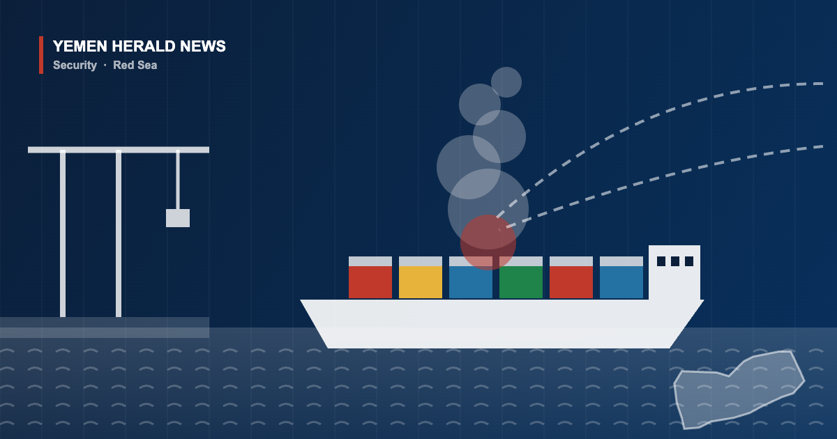Illustration of a container ship and port crane on the Red Sea with a smoke plume and incoming missile trails, representing Houthi attacks on Yemen's Mokha port